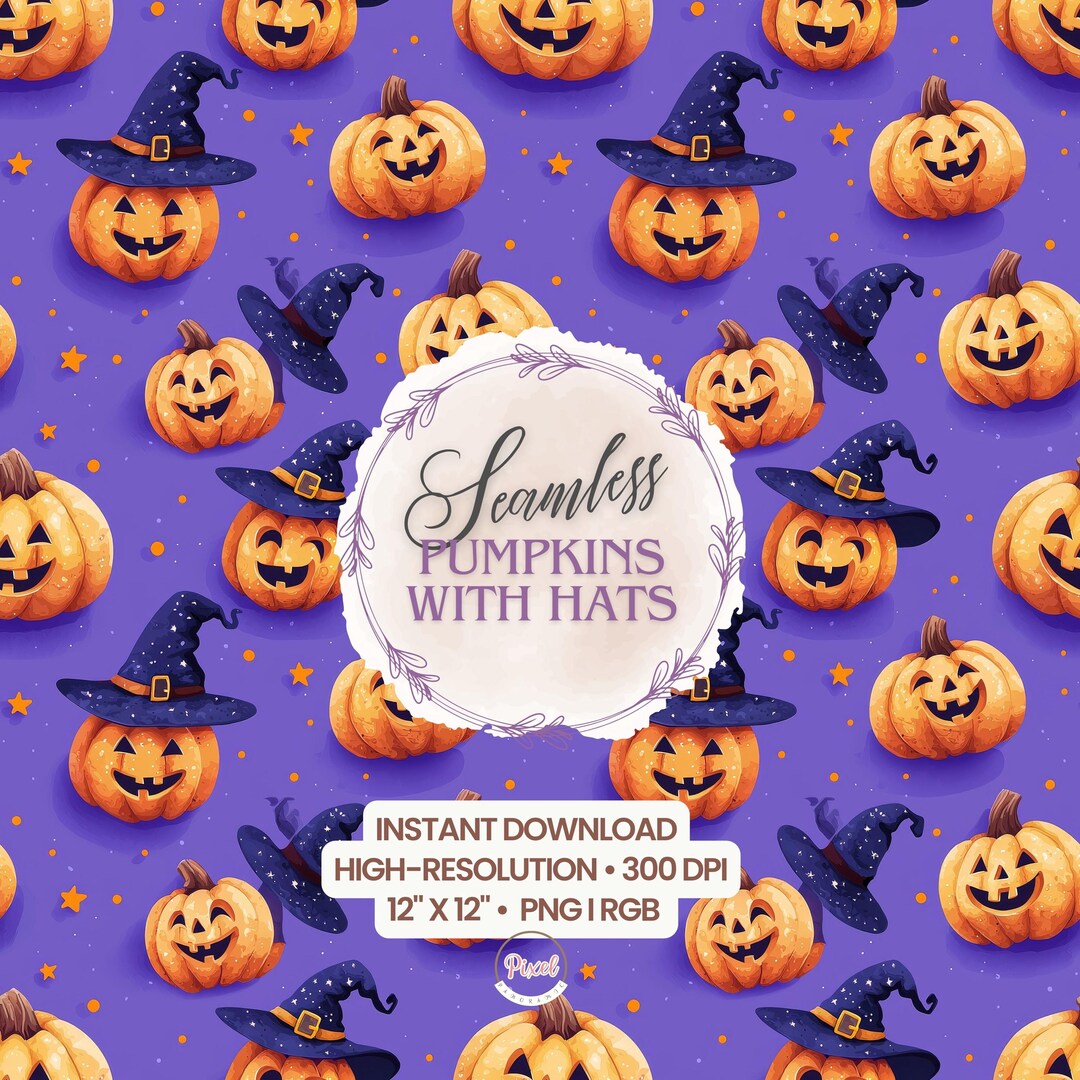 Halloween Pumpkins With Witch Hats Seamless Pattern (PNG File 12x12 ...