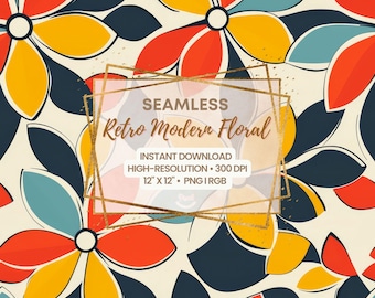 Retro Floral Seamless Pattern: Mid-Century Modern Digital Background (PNG File 12x12 inches, 300 DPI)