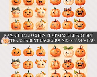 Kawaii Halloween Kürbis Clipart: 18 PNG Illustrationen (Digitaler Download)