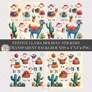 Stickers festifs des fêtes avec lamas – De jolis motifs de lamas de Noël pour cadeaux et travaux manuels | 13 fonds transparents | PNG | Téléchargement instantané