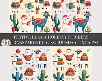 Festive Llama Christmas Stickers: Gift & Craft PNG Clipart (Instant Download)