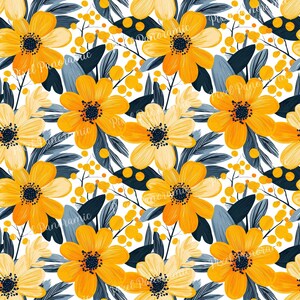 May include: A seamless pattern featuring stylized yellow flowers with dark centers and blue-gray leaves on a white background. The design includes small yellow berry clusters, creating a vibrant floral print.