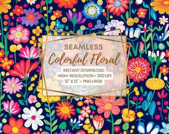 Floral Seamless Pattern: Colorful Wildflowers on Navy (PNG File 12x12 inches, 300 DPI)