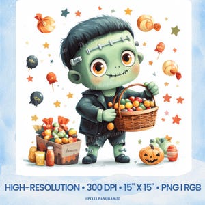 Friendly Frankenstein with Halloween Sweets Clipart | Halloween Digital Clipart | Halloween crafts | Mug, Bag, T-Shirt, Card | Sticker PNG