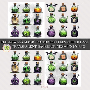 Halloween Potion Bottles Clipart: Spooky Elixirs PNG Set (Digital Download)