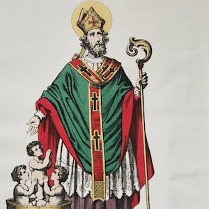 May include: An illustration of a religious figure wearing a green and red robe, holding a staff, and with a gold halo. Three cherubs are in a wooden tub. The figure has a beard and is wearing a gold hat.
