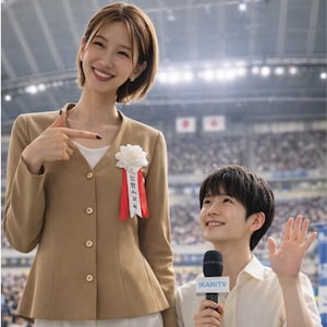 May include: A woman in a tan blazer with a white flower and ribbon, pointing. A young person holds a microphone with "IKARITV" on it. The background shows a stadium with spectators.