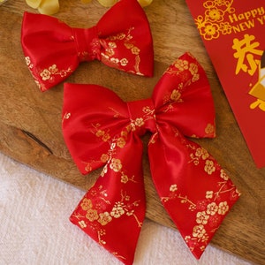 Lunar New Year Dog or Cat Sailor Bow, Chinese New Year Pet Bow Tie, Oriental Red and Gold Floral Satin Brocade Bow, Cherry Blossom Dog Bow
