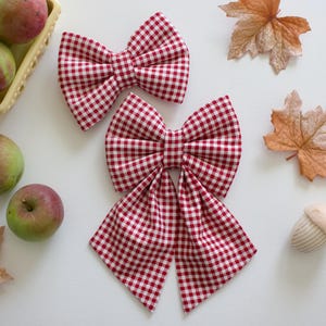 May include: Two red and white gingham fabric bows are displayed on a white surface, with a basket of apples, autumn leaves, and an acorn. The bows are a classic, decorative accessory.