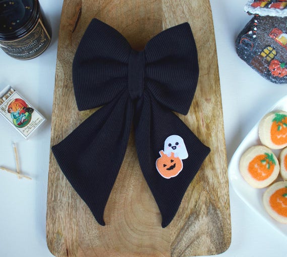 Halloween Dog Sailor Bow | Black Bow with Pumpkin & Ghost | Spooky Cute Dog or Cat Collar Bow | Handmade Pet Accessory