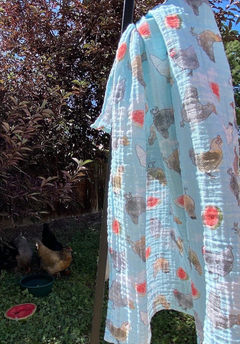 Summer Chickens Organic Cotton Gauze Baby Blanket Blue Etsy