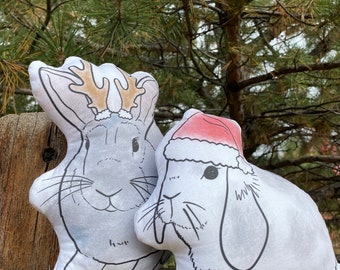 Christmas Bunny Plush Pillows ~ Full Size (Santa Hat White Bunny & Reindeer Antler Gray Bunny)