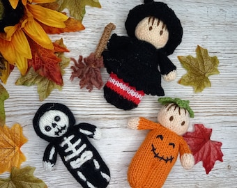 Halloween dolls  Knitting Pattern set of 3 Witch, skeleton, pumpkin baby Instant download