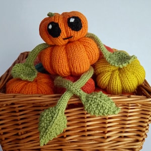 May include: A hand-knitted orange pumpkin toy with large black and white eyes and a small stitched mouth. It features long green knitted vines with textured leaves extending downwards, resting among several other knitted pumpkins in a wicker basket.
