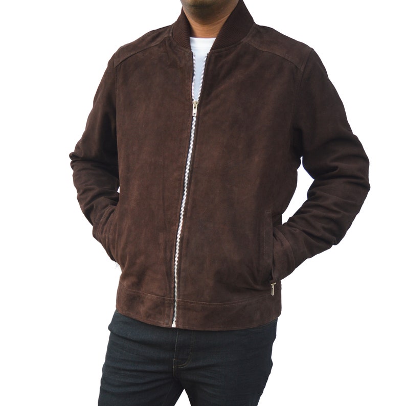 Suede Bomber Jacket: Men’s Goatskin Leather, Knit Collar - Etsy