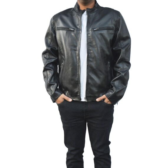 Men s Motorcycle Biker Real Goatskin Leather Jacket