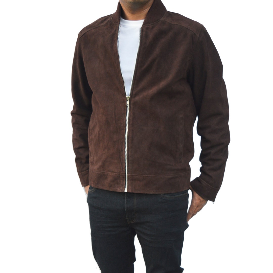 Suede Bomber Jacket: Men’s Goatskin Leather, Knit Collar - Etsy