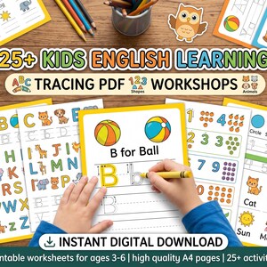 May include: A collection of educational English learning worksheets for children featuring alphabet tracing, numbers, and shapes. The pages include colorful illustrations of animals and objects, with a central sheet showing B for Ball tracing.