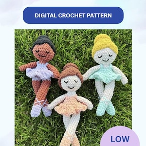 May include: Three crocheted dolls titled Bella the Ballerina, a digital crochet pattern. The dolls have yarn hair in black, brown, and yellow, wearing pastel tutus in lavender, peach, and mint green with matching ballet slippers and stitched faces.