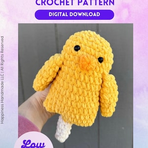May include: A crocheted yellow chick-cicle with black eyes and an orange beak. The crochet pattern is available as a digital download. The text "Low Sew!" is also visible.