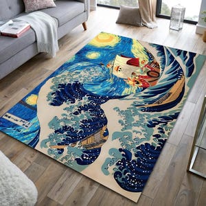 Starry Night Wave Rug,Funny Anime Rug,Specials Deign Great Wave,Gamer Rug,Popular Anime Rug,Gift for Gamer,Game room Decor,Custom Rug