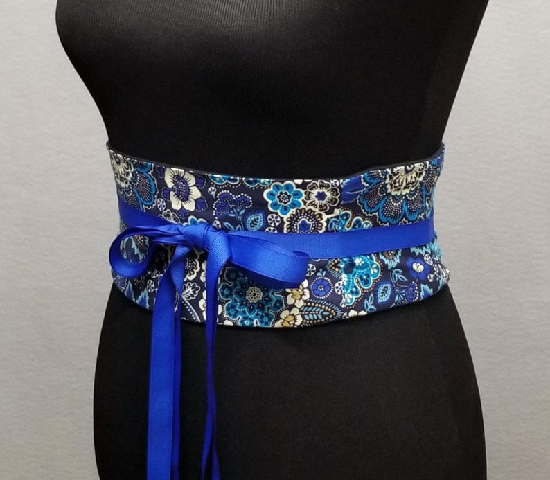 Blue Floral Obi Belt Corset Waist Cincher Lace Up Boned Corset Belt Plus Size Available Wedding Corset Spiral Steel Boning
