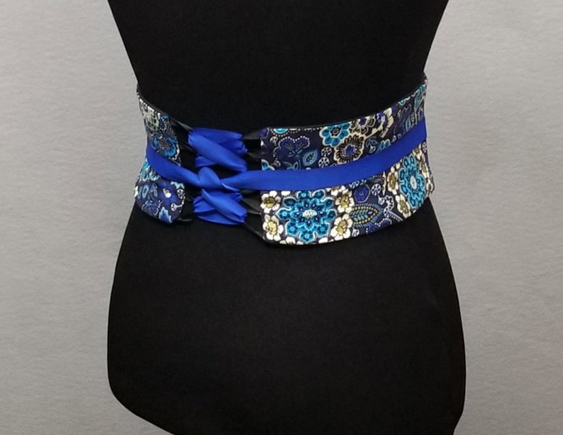 Blue Floral Obi Belt Corset Waist Cincher Lace Up Boned Corset Belt Plus Size Available Wedding Corset Spiral Steel Boning