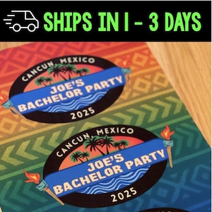 May include: A colorful party invitation with the text "Joe's Bachelor Party 2025 Cancun, Mexico." The design includes palm trees, torches, and a patterned background in shades of red, orange, green, and blue.