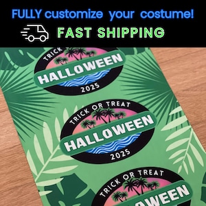 May include: Green Halloween-themed stickers with a tropical design. Each sticker features the text "HALLOWEEN 2025" and "TRICK OR TREAT" in a circular design with palm trees. The background has a leafy pattern. The text "FULLY customize your costume!" and "FAST SHIPPING" are also visible.