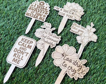 Funny Wooden Plant Markers – Laser Engraved Garden Signs