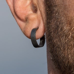 18 x 4mm Hand-Hammered Solid 925 Sterling Silver Hoop Earrings For Men | Oxidized Black Finish