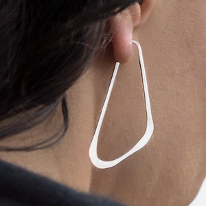 Solid 925 Sterling Silver Hoop Earrings, Hand Hammered | Tall Triangular, Low D Shape