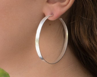 55mm 925 sterling silver large hoop earrings | Wide, handmade, solid hammered silver | Unique, high quality handmade gift