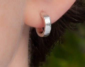 12 x 3mm 925 sterling silver hoop earrings | Solid, thick, chunky hammered silver with matte brushed shiny finish | Handcrafted in USA