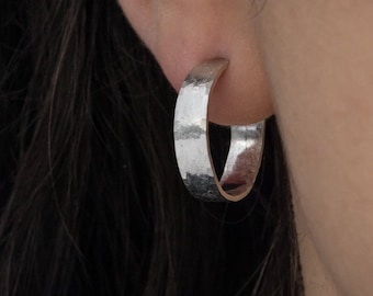 18 x 4mm sterling hoop earrings | Handmade, solid hammered silver with shiny, brushed, matte finish | Unique, high quality handmade gift