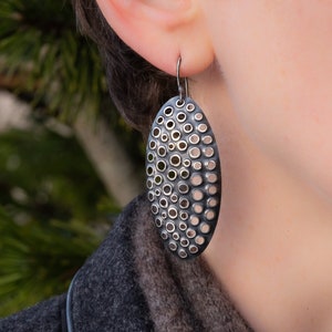 Solid Silver Oval, Handcrafted Earrings, Antiqued Finish, Sterling 925, Polka Dot Perforated Design, Lightweight Dangle Jewelry, 50mm Length