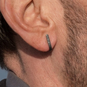 925 Sterling silver stud earrings for men, handcrafted in USA | J wrap huggie design with oxidized black finish