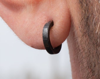 12 x 2mm small sterling silver hoop earrings | Oxidized black, solid hammered silver hoop earrings | Unique handmade gift for men