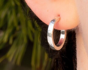 16 x 2mm handmade 925 sterling hoop earrings | Solid hammered silver with matte, brushed, shiny finish | High quality handmade birthday gift
