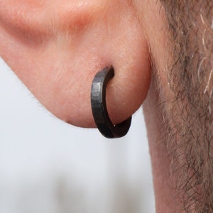12 x 2mm small sterling silver hoop earrings | Oxidized black, solid hammered silver hoop earrings | Unique handmade gift for men