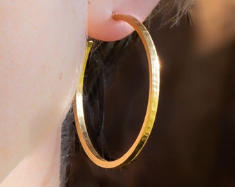 40mm 18k gold hoop earrings | Handmade hammered solid yellow gold with matte brushed finish | Unique, high quality handmade gift