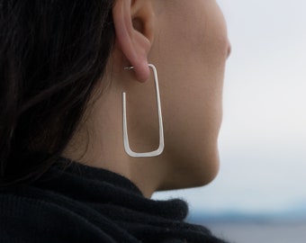 Long rectangle shape hammered 925 sterling silver hoop earrings | Shiny, brushed, matte finish. | Unique, high quality handmade gift