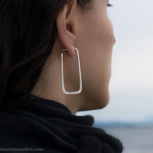 Handcrafted Solid 925 Sterling Silver Earrings, Long Hammered Rectangle Hoops, Matte Satin Finish
