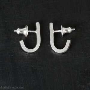 925 Sterling silver earrings, J wrap design Hammered, brushed, matte finish Unique, high quality handmade gift image 4