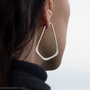 925 Hand Hammered Sterling Silver Hoop Earrings, Long Angular Tear Drop Shape, Matte Satin Finish