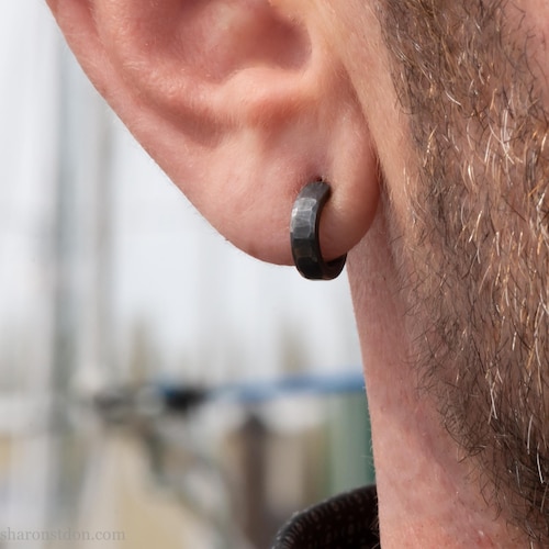 12x3mm 925 Sterling Silver Hoop Earrings For Men, Hand-Hammered, Oxidized Black Patina