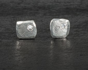 Canadian diamond stud earrings, 925 sterling silver | 7mm square, brushed, matte shiny | Unique, high quality handmade gift