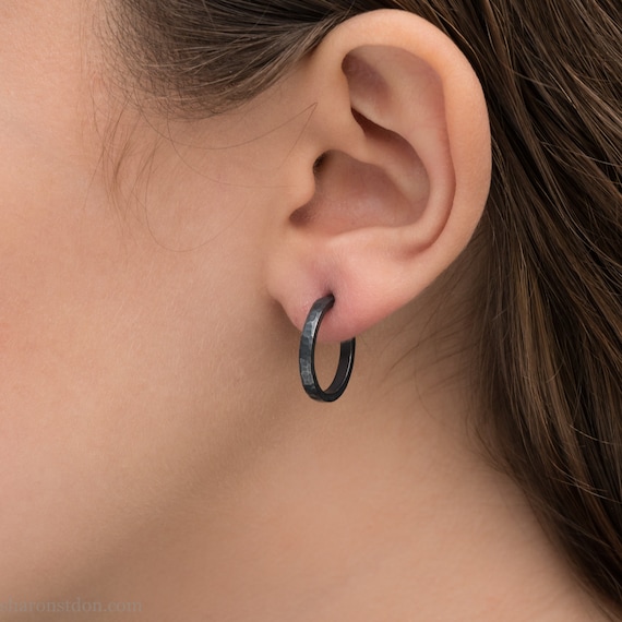 18 X 2mm 925 Sterling Silver Hoop Earrings Oxidized Black