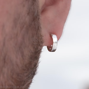 12 x 3mm Hand-Hammered Solid 925 Sterling Silver Hoop Earrings For Men, Matte Satin Finish