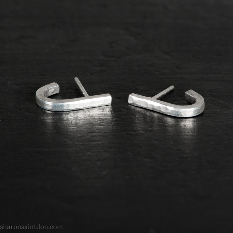 925 Sterling silver earrings, J wrap design Hammered, brushed, matte finish Unique, high quality handmade gift image 5